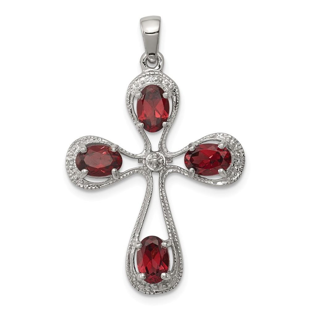 Jewelryweb Sterling Silver Rhodium Garnet and Diamond Cross Pendant - Measures 34x22mm Wide