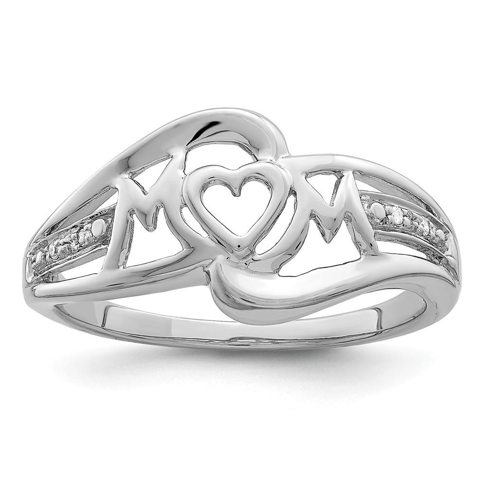 Jewelryweb Sterling Silver Rhodium Plated Diamond Heart Mom Ring - Size 8