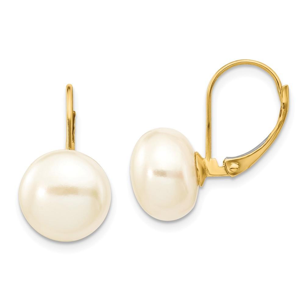 Jewelryweb 14k Yellow Gold White Button Freshwater Cultured Pearl Leverback Earrings - Measures 20x10mm Wide