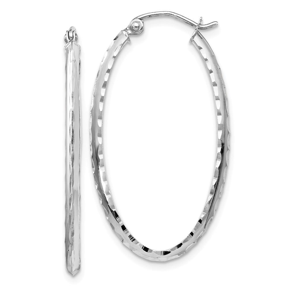 Jewelryweb 14k White Gold Sparkle-Cut Oval Hinged Hoop Earrings