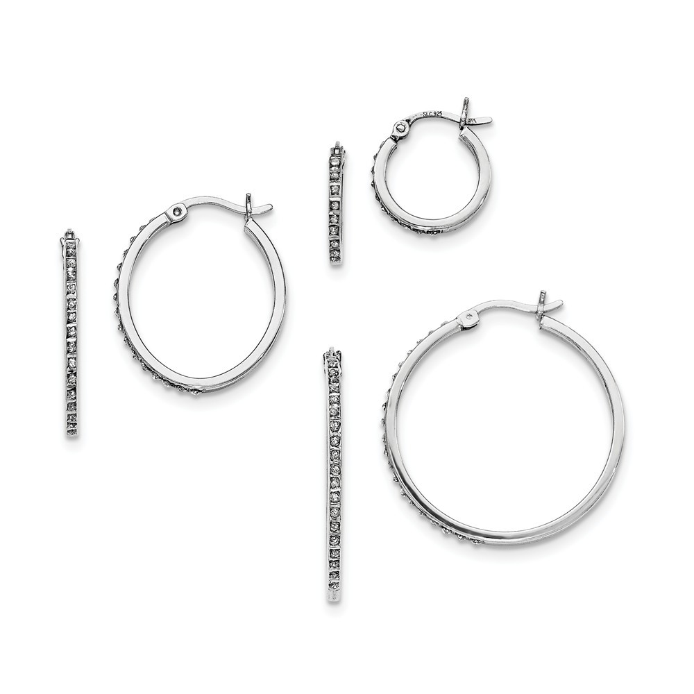 Jewelryweb Sterling Silver Diamond Mystique Round Hinged Hoop Earrings Set - Measures 31x1mm Wide