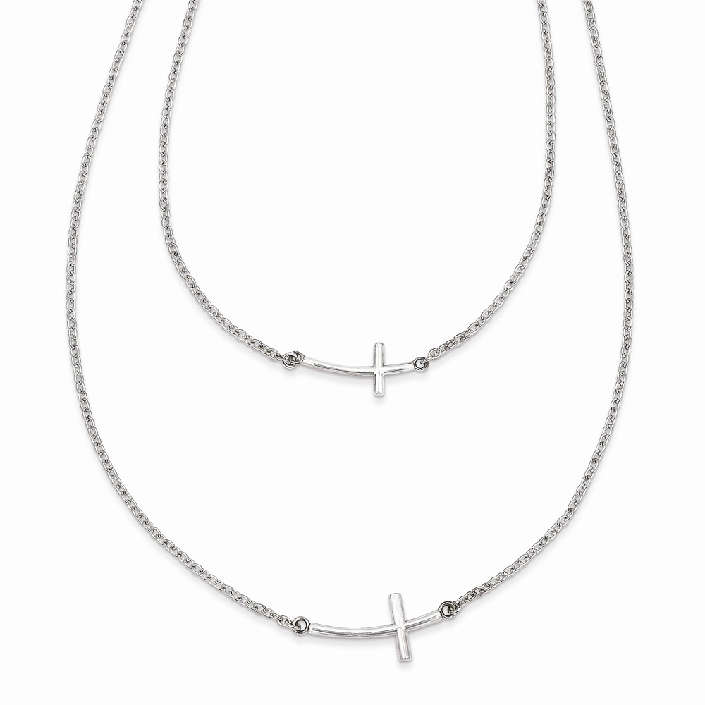 Jewelryweb Sterling Silver Small and Large Sideways Curved Cross 2-layer Necklace - 18 Inch