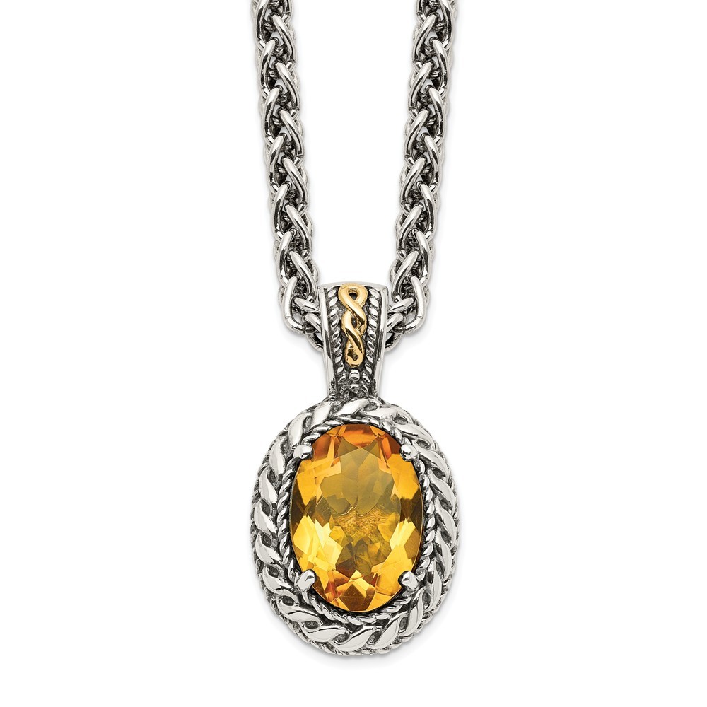Jewelryweb Sterling Silver With 14k Antiqued Citrine Necklace - Measures 15mm Wide