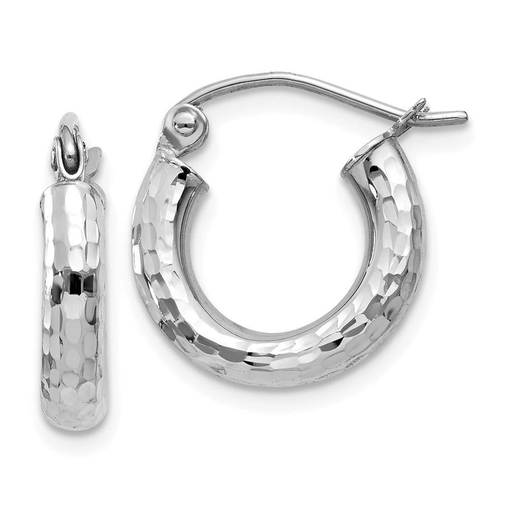 Jewelryweb 14k White Gold Sparkle-Cut 3mm Round Hoop Earrings - Measures 14x14mm