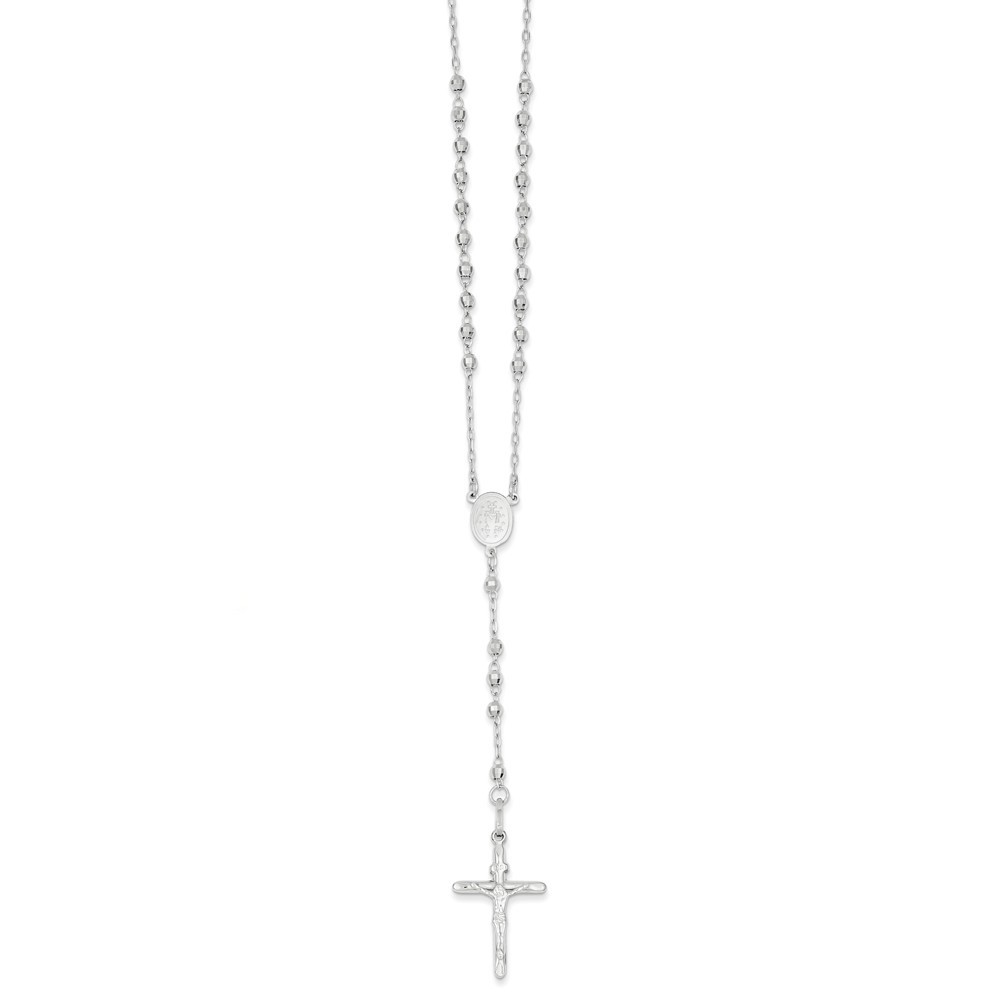 Jewelryweb 14k White Gold Sparkle-Cut 3mm Beaded Rosary Necklace - 24 Inch