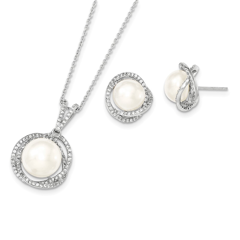 Jewelryweb Sterling Silver 10-12mm White Freshwater Cultured Pearl Cubic Zirconia Necklace and Earrings Set