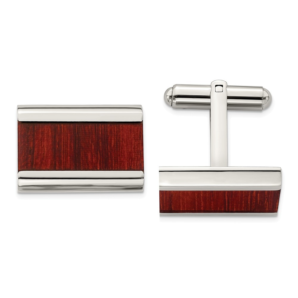 Jewelryweb Stainless Steel Polished Red Orange Wood Inlay Cuff Links - Measures 19.5mm Wide