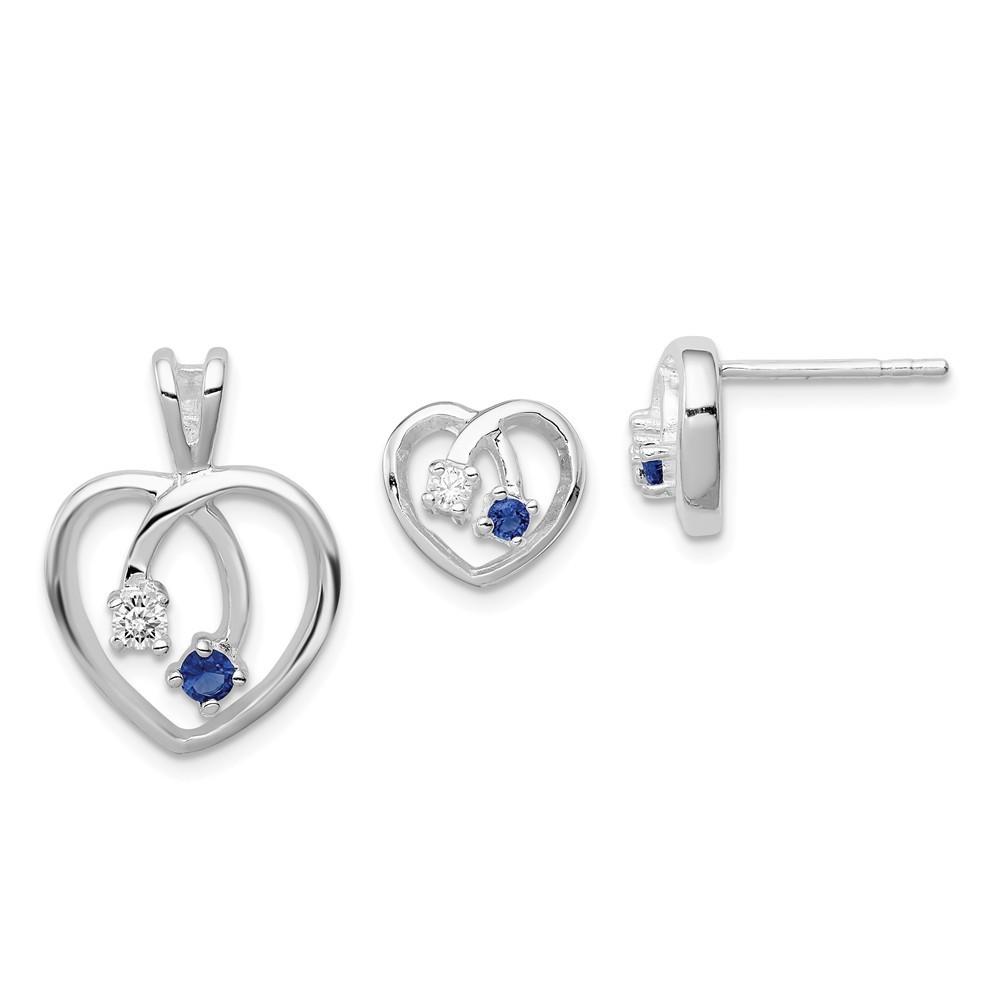 Jewelryweb Sterling Silver Blue Clear Cubic Zirconia Heart Earrings Pendant Set