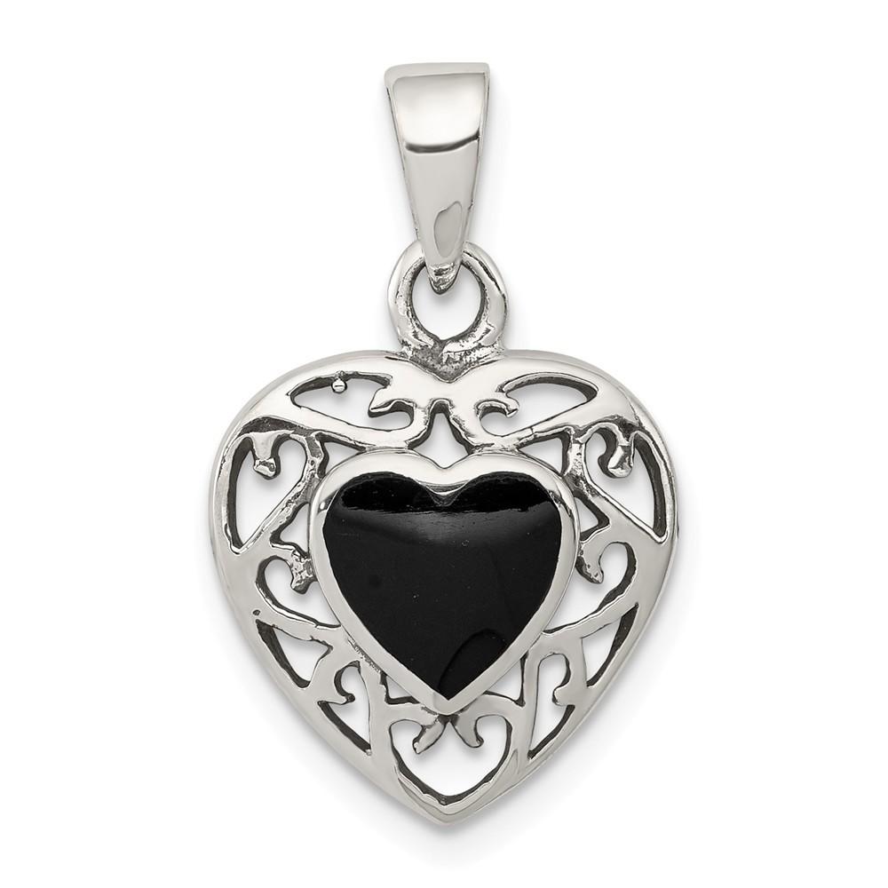 Jewelryweb Sterling Silver Simulated Onyx Heart Antiqued Pendant