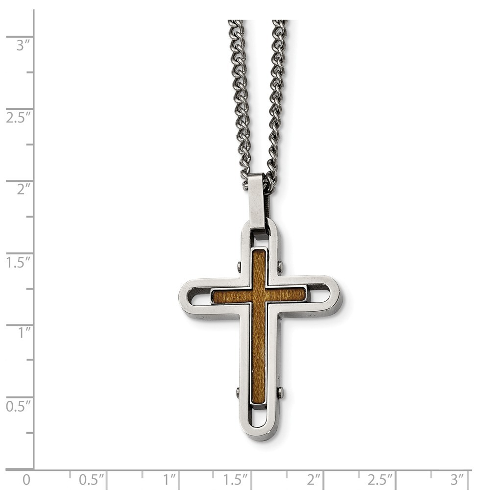 Jewelryweb Stainless Steel Polished Wood With Enamel Overlay Cross Necklace - 24 Inch - Measures 28.04mm Wide