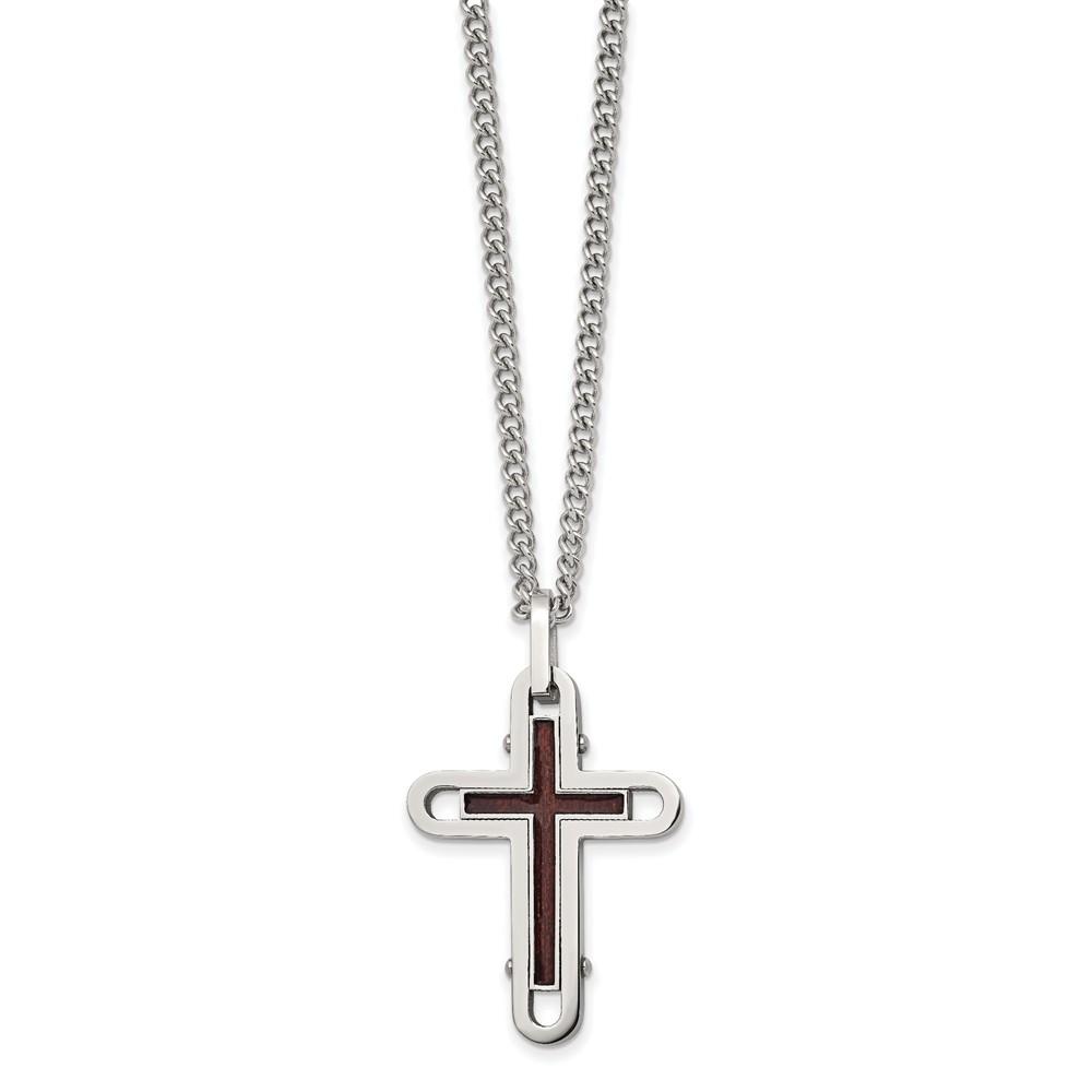 Jewelryweb Stainless Steel Polished Wood With Enamel Overlay Cross Necklace - 24 Inch - Measures 28.04mm Wide