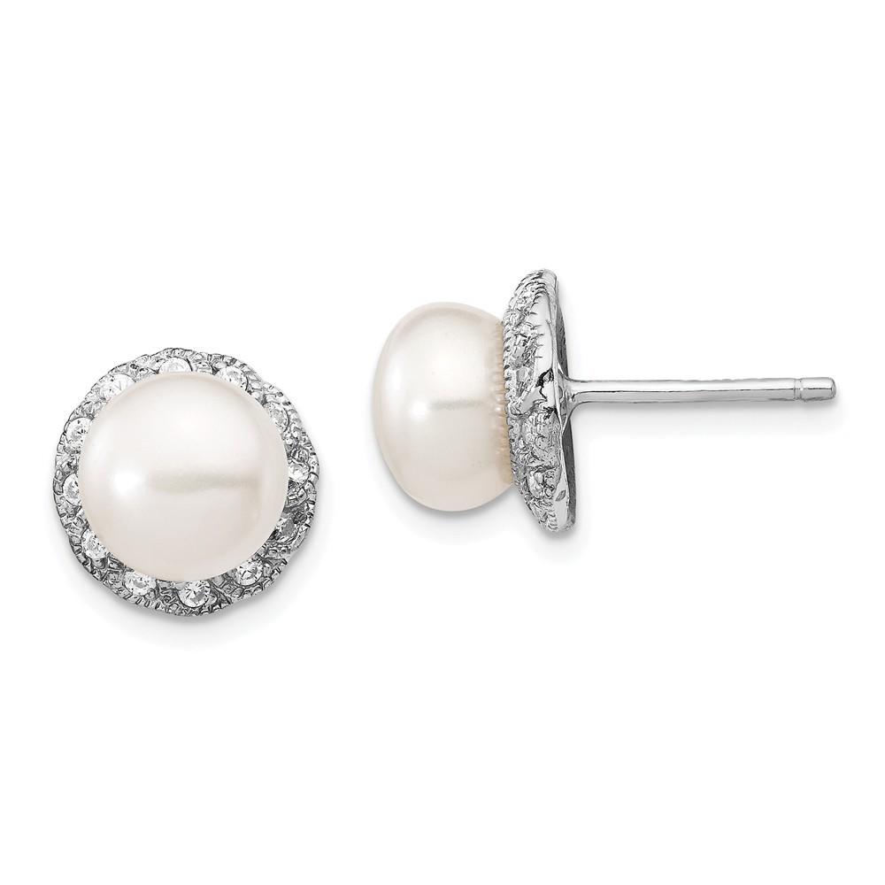 Jewelryweb Sterling Silver Cubic Zirconia White Freshwater Cultured Pearl Stud Earrings