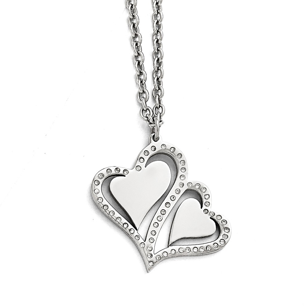 Jewelryweb Stainless Steel Polished Hearts With Crystals With 2.25in. Ext. Necklace - 15.75 Inch