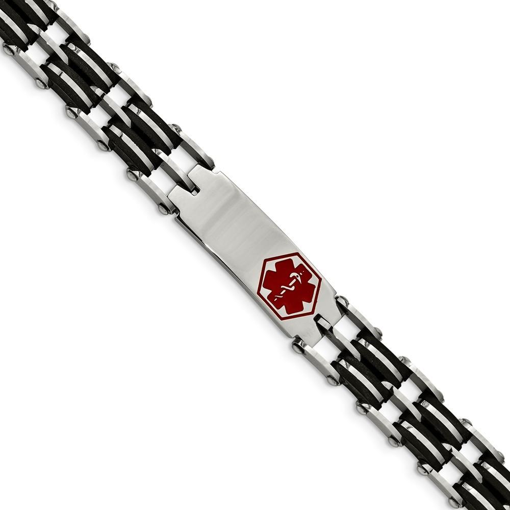 Jewelryweb Stainless Steel Black Rubber Red Enamel Medical Bracelet - 8.25 Inch