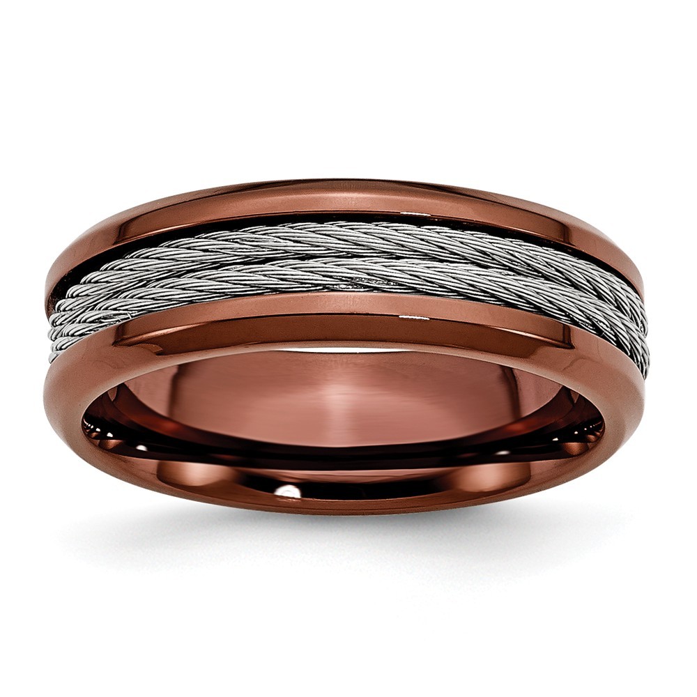 Jewelryweb Stainless Steel Cable and Brown IP Plated 7mm Band Ring - Size 9.5