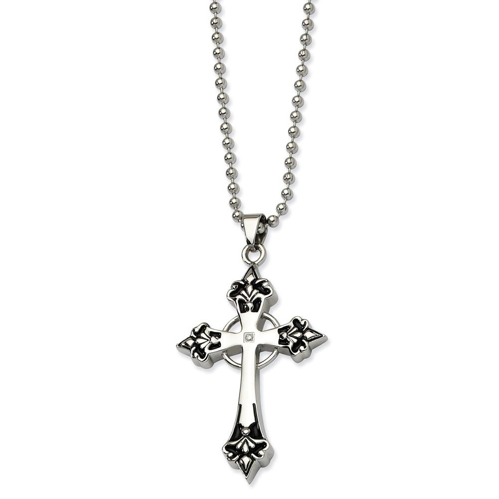 Jewelryweb Stainless Steel Black Enamel and Diamond Cross Pendant 24 in. Necklace - 24 Inch