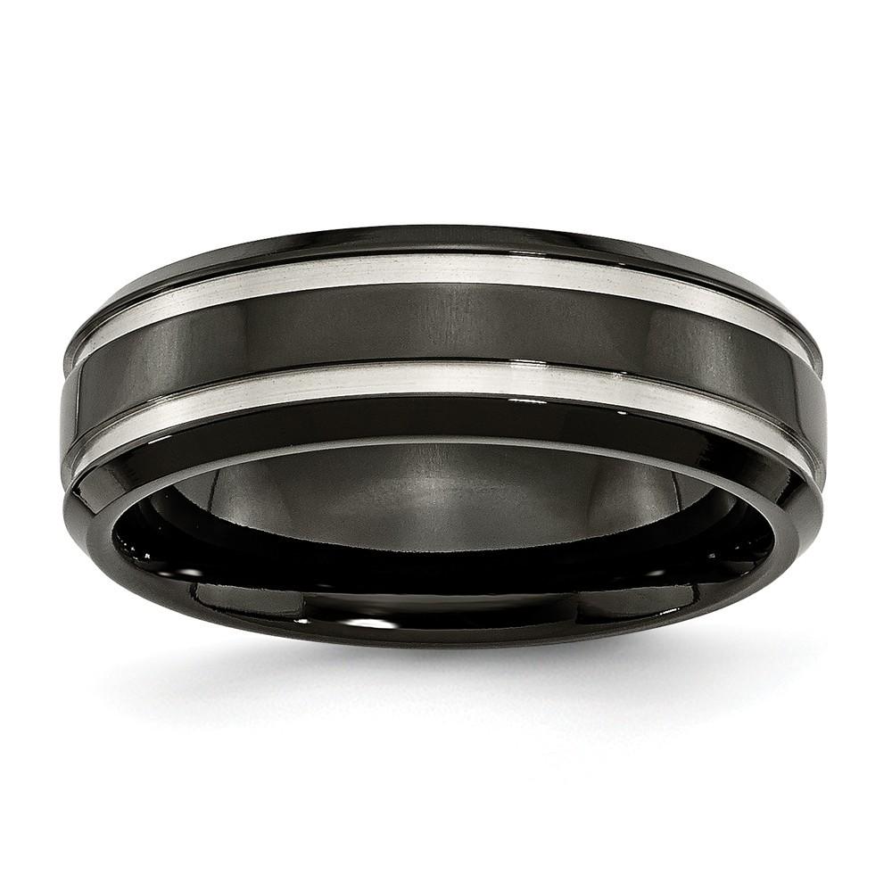 Jewelryweb Titanium Black Plated Grooved 7mm Band Ring - Size 13.5