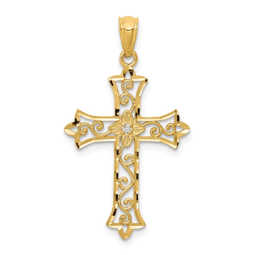 Jewelryweb 14k Yellow Gold Diamond Accented Cross Pendant - Measures 32x18mm Wide