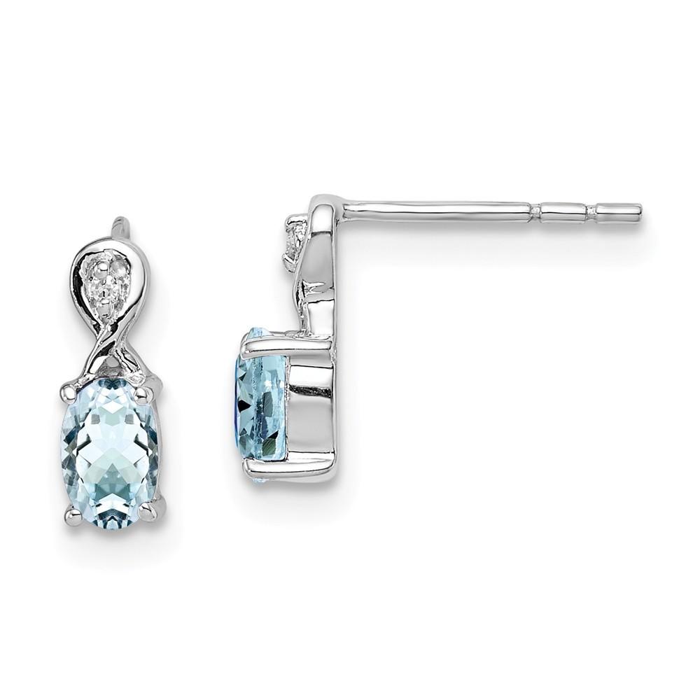 Jewelryweb Sterling Silver Rhodium Plated Diamond and Aquamarine Oval Post Earrings