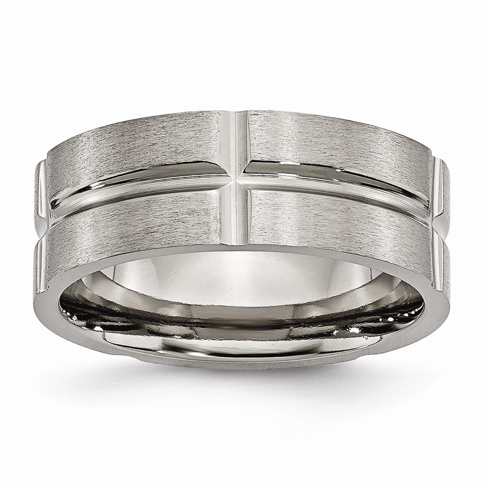 Jewelryweb Titanium Grooved 8mm Brushed and Polished Band Ring - Size 9