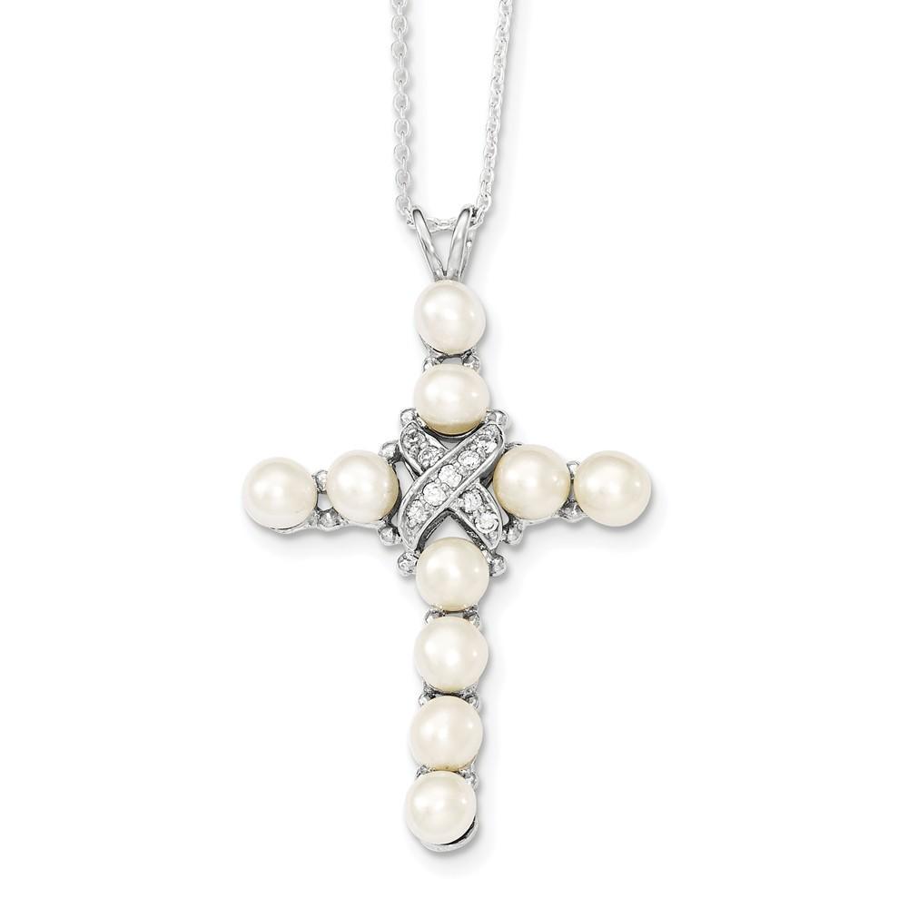 Jewelryweb Sterling Silver Cubic Zirconia Freshwater Cultured Pearl Cross Necklace - 16 Inch - Spring Ring