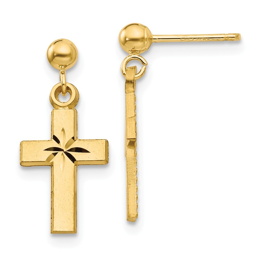 Jewelryweb 14k Yellow Gold Dangle Cross Earrings - Measures 15x8mm