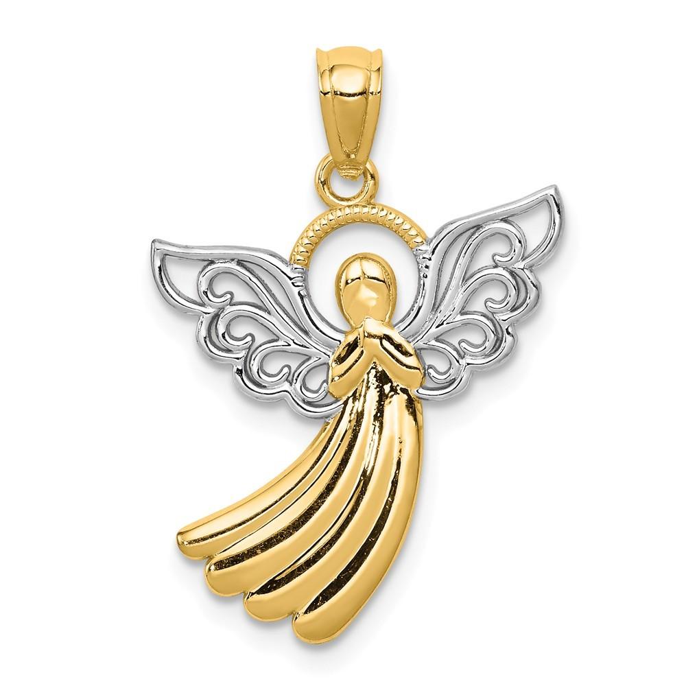 Jewelryweb 14k Yellow Gold and Rhodium Filigree Angel Pendant - Measures 25.2x18.7mm