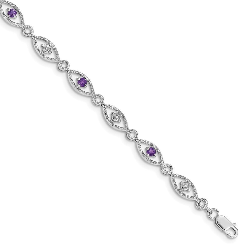 Jewelryweb Sterling Silver Amethyst Diamond Bracelet - Measures 4mm Wide