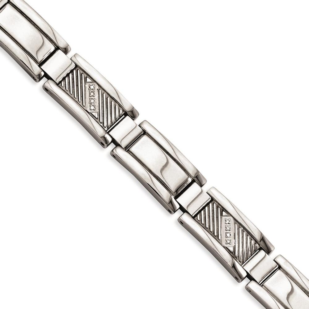Jewelryweb Stainless Steel Textured and Polished With Diamonds 8.5inch Bracelet