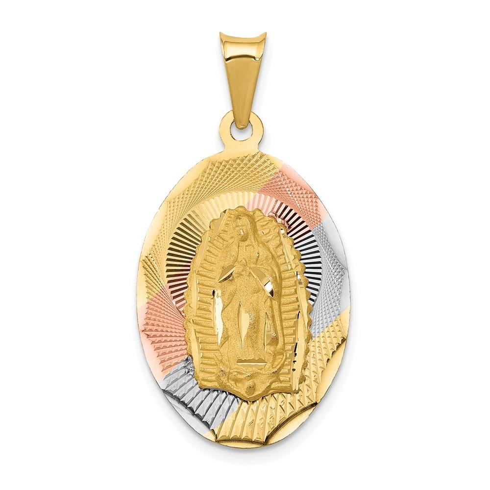 Jewelryweb 14k Yellow Gold and Rhodium Polished And Sparkle-Cut Lady Of Guadalupe Oval Pendant - Measures 33.5x17.7mm Wide