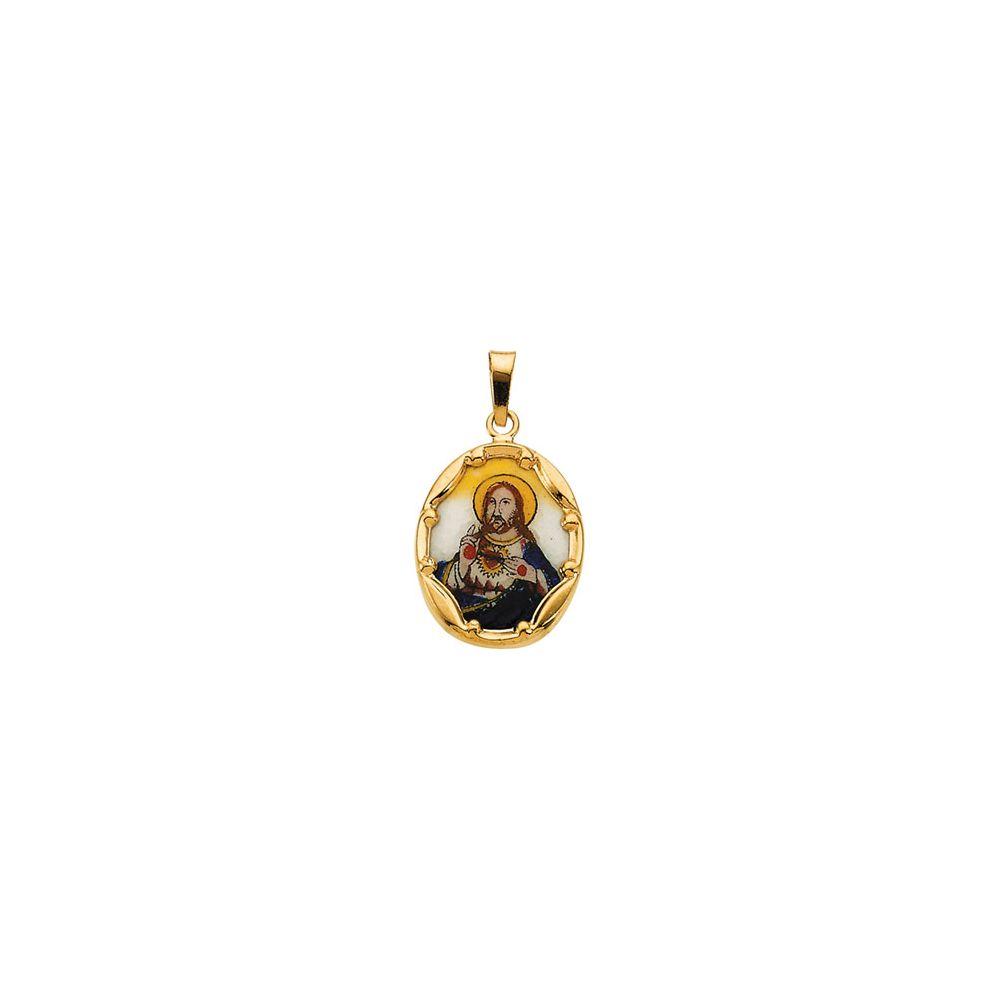 Jewelryweb 14k Yellow Gold Porcelain Sacred Heart Pendant 17x13.5mm