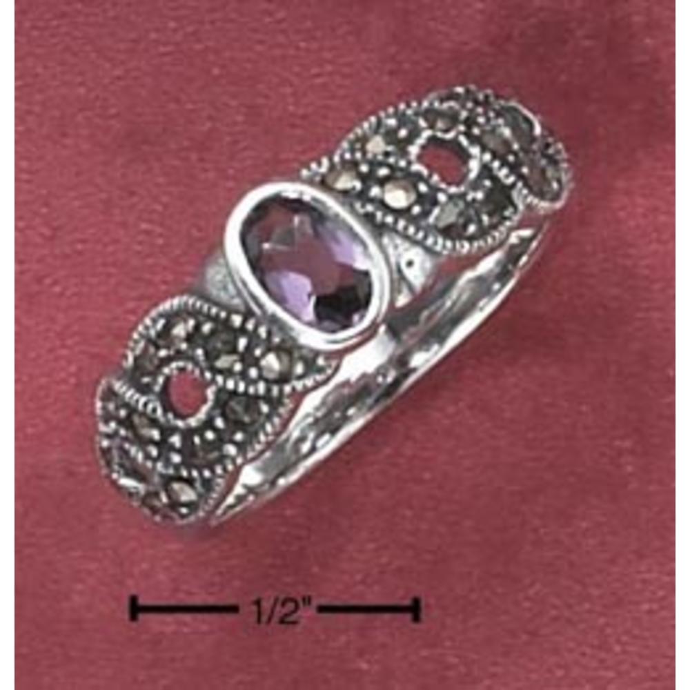 Jewelryweb Open Rope Marcasite Shank Ring Simulated Amethyst Stone - Size 10.0