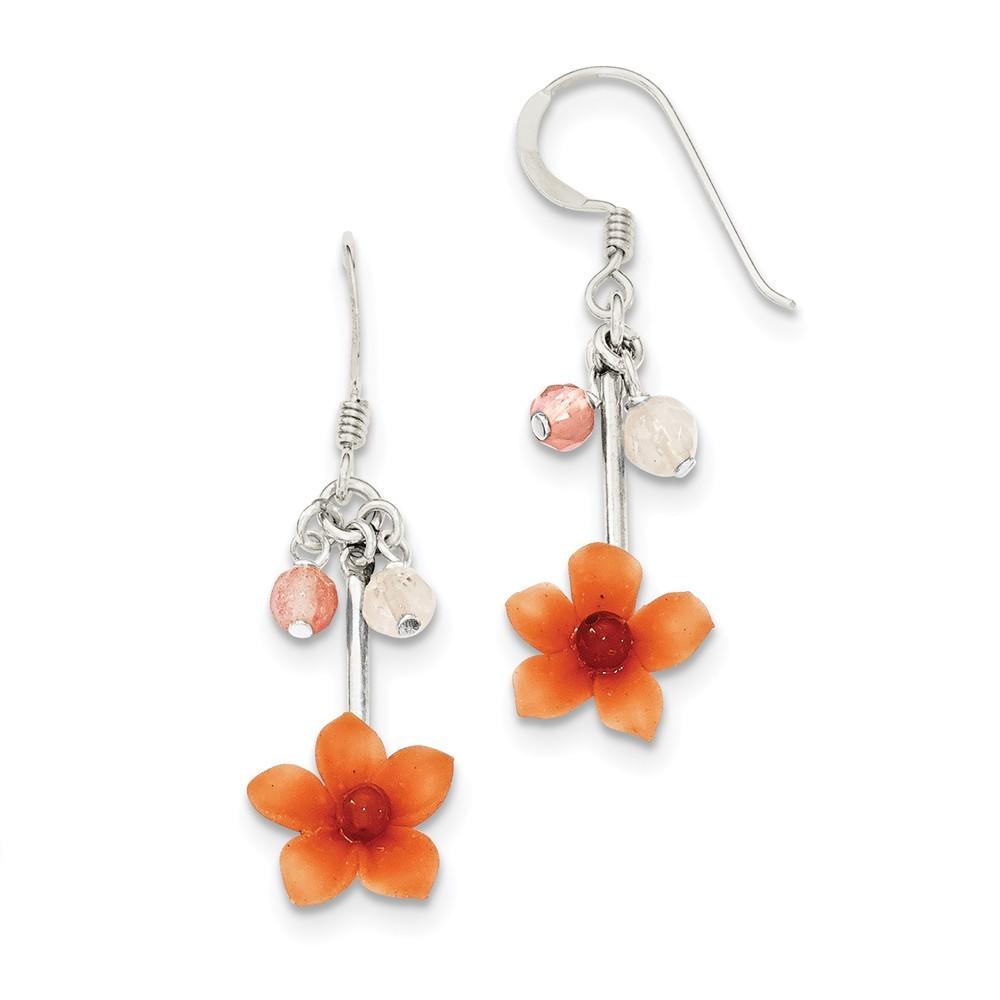 Jewelryweb Rose Cherry Quartz Carnelian Dangle Flower Earrings