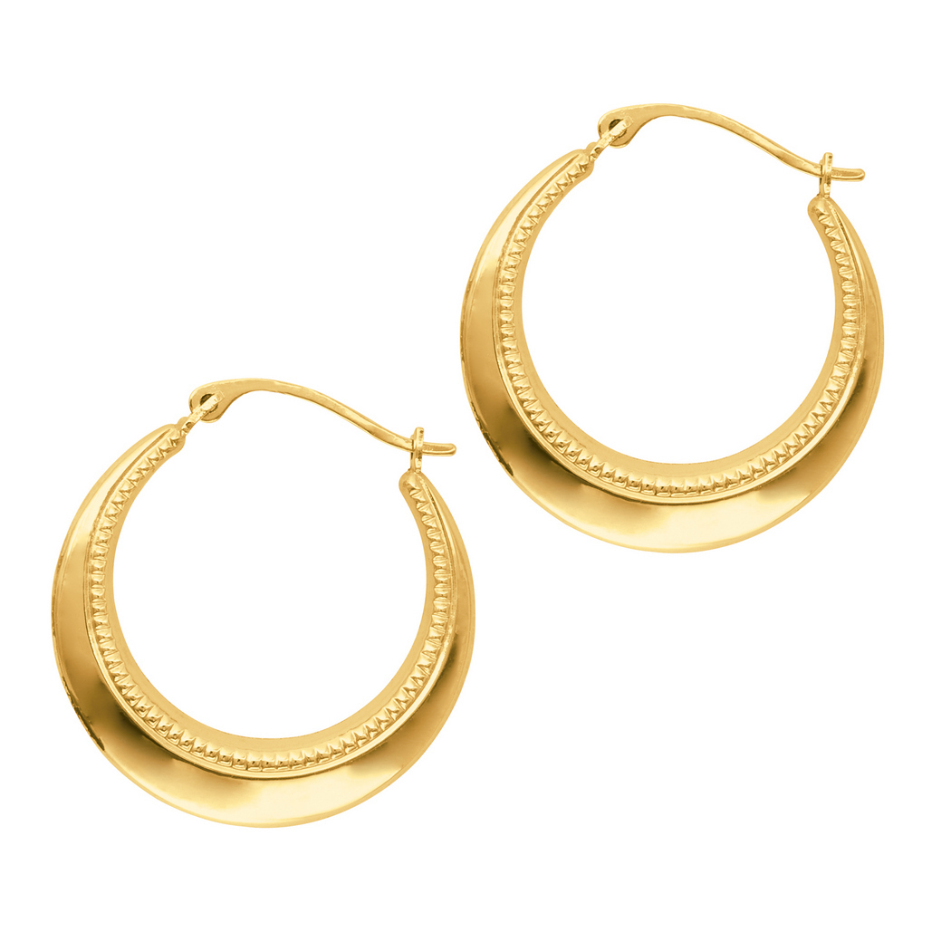 Jewelryweb 14k Yellow Gold Shiny Textured Graduated Round Symbolic Hoop Earrings With Hinged Clasp