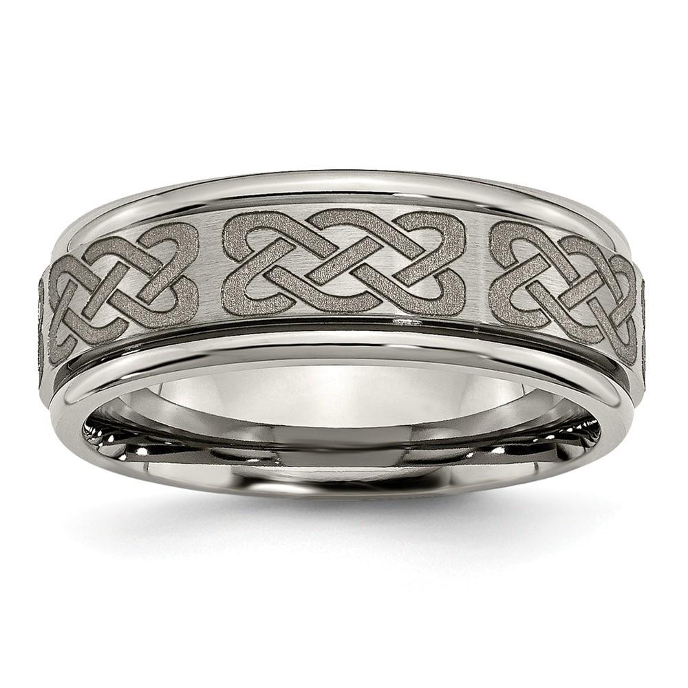 Jewelryweb Titanium Ridged Edge 8mm Brushed and Polished Band Ring - Size 9.5