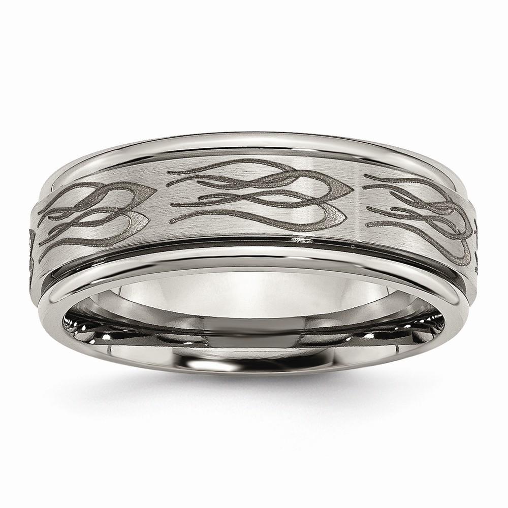 Jewelryweb Titanium Ridged Edge 8mm Brushed and Polished Band Ring - Size 11.5