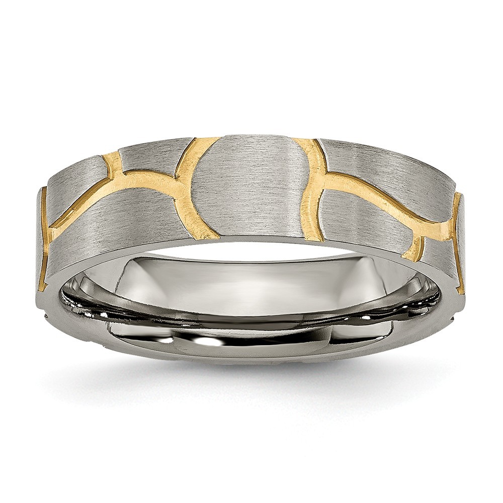 Jewelryweb Titanium Satin and Grooved Gold-Flashed Ladies 6mm Band Ring - Size 9