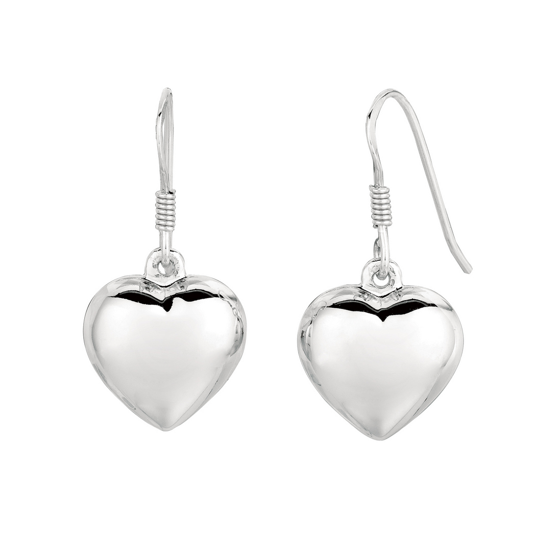 Jewelryweb Sterling Silver With Rhodium Finish Shiny Puffed Heart Shape Dangle Earrings