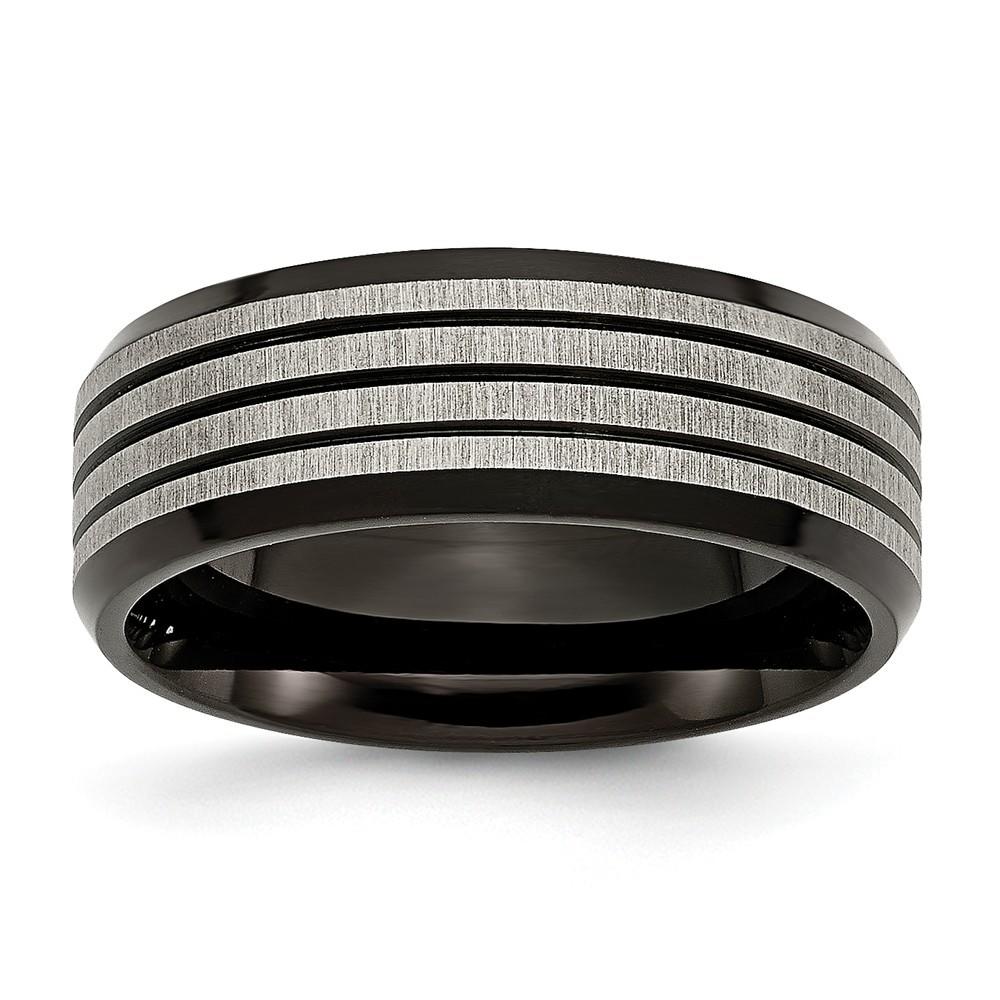 Jewelryweb Titanium 8mm Black-plated and Striped Polished Band Ring - Size 13