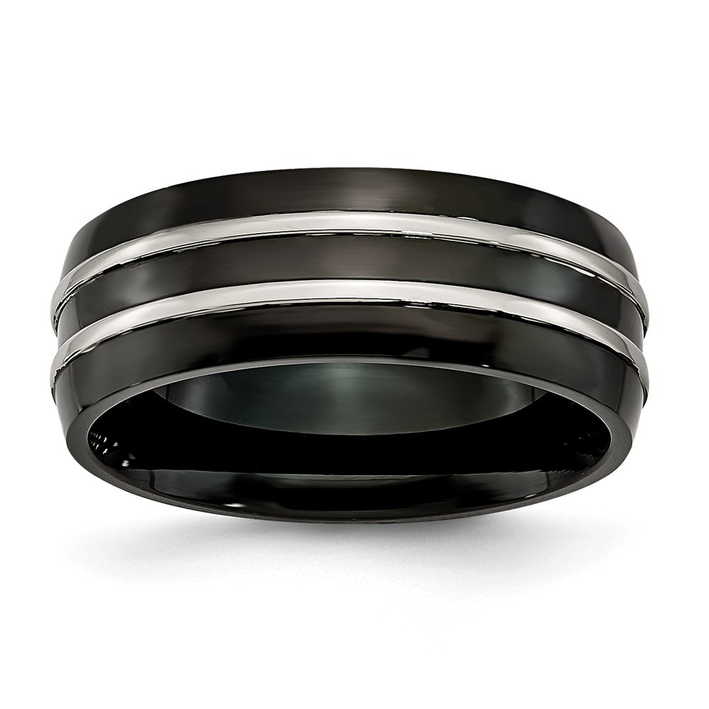 Jewelryweb Titanium Grooved 8.00mm Black-plated Brushed and Polished Band Ring - Size 12.5