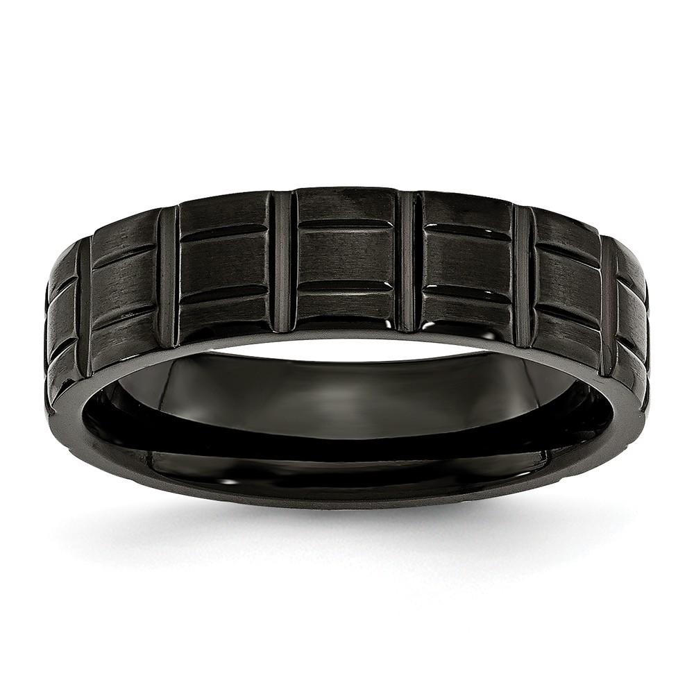 Jewelryweb Black Titanium Notched 6mm Brushed and Polished Band Ring - Size 11