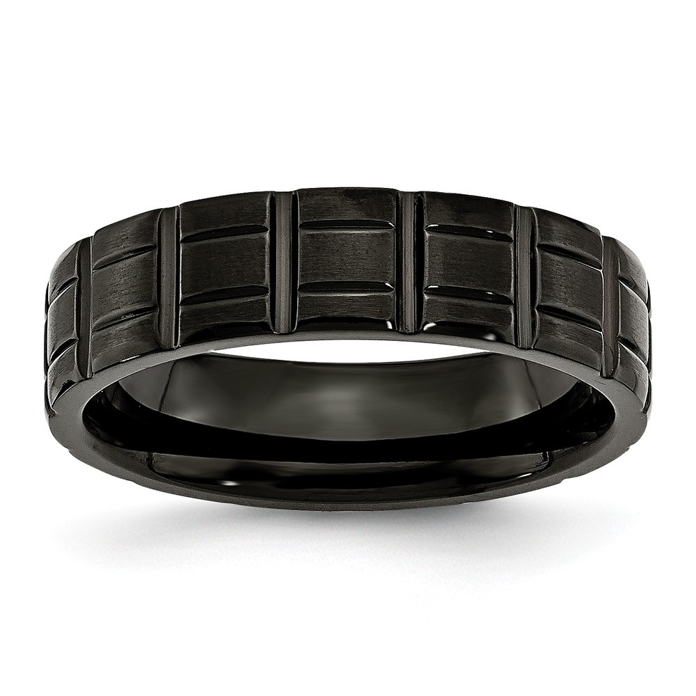 Jewelryweb Black Titanium Notched 6mm Brushed and Polished Band Ring - Size 6