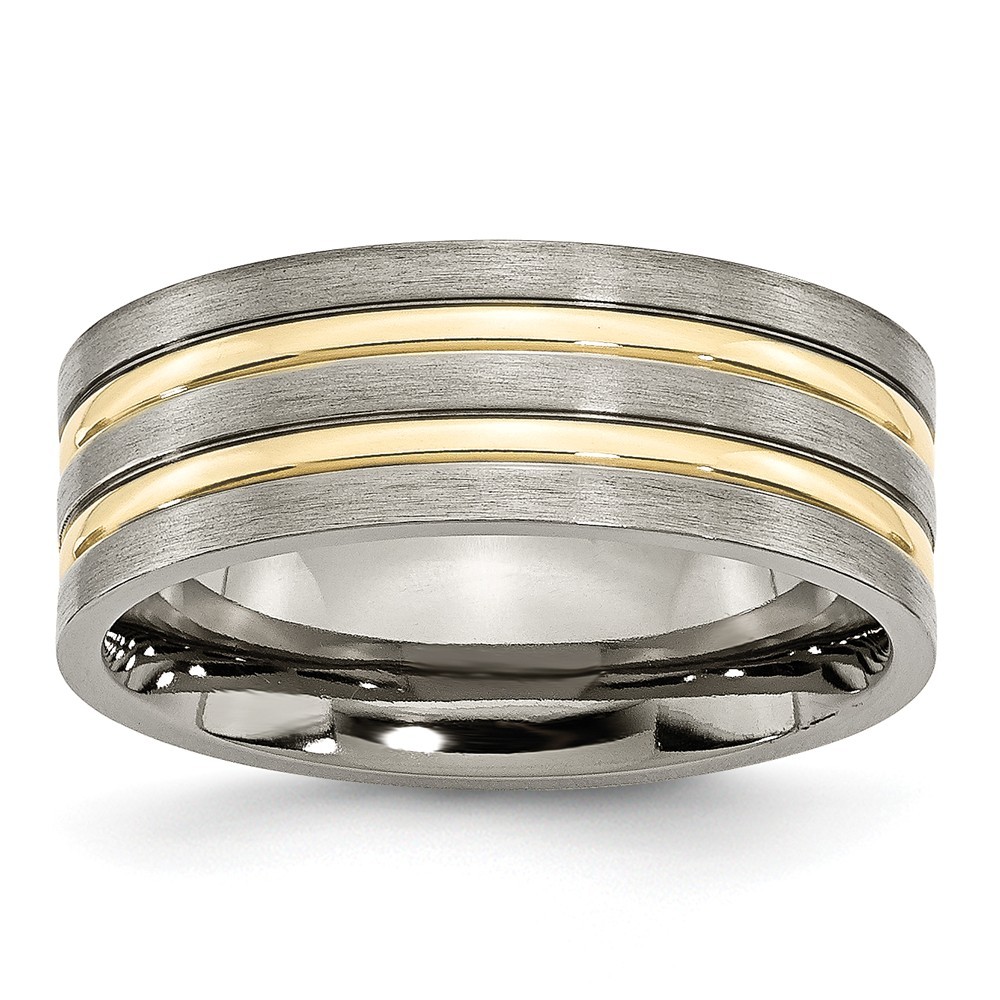 Jewelryweb Titanium Grooved Gold-Flashed 8mm Brushed and Polished Band Ring - Size 9.5