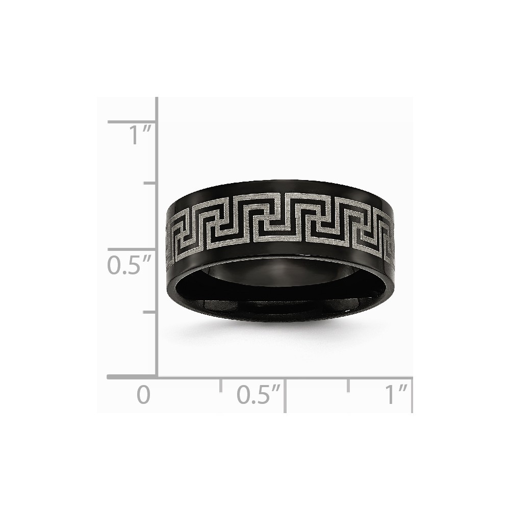 Jewelryweb Black Titanium Greek Key Laser Etched 8mm Brushed and Polished Band Ring - Size 13