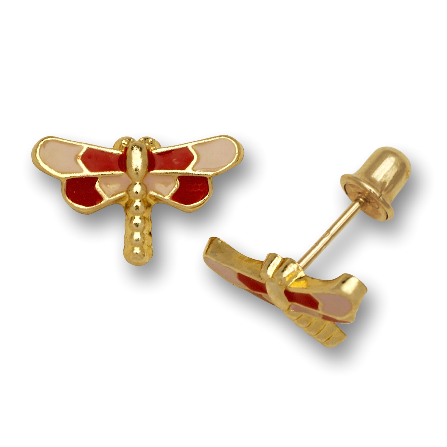 Jewelryweb 14k Yellow Gold Enamel Screw-Back Red Dragonfly Earrings - Measures 7x11mm