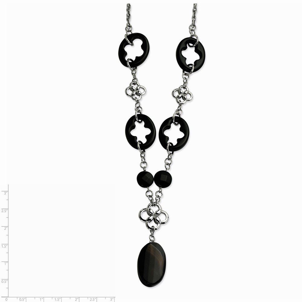 Jewelryweb Stainless Steel Black Agate and Flowers 22 With 2inch ext. Necklace - 22 Inch