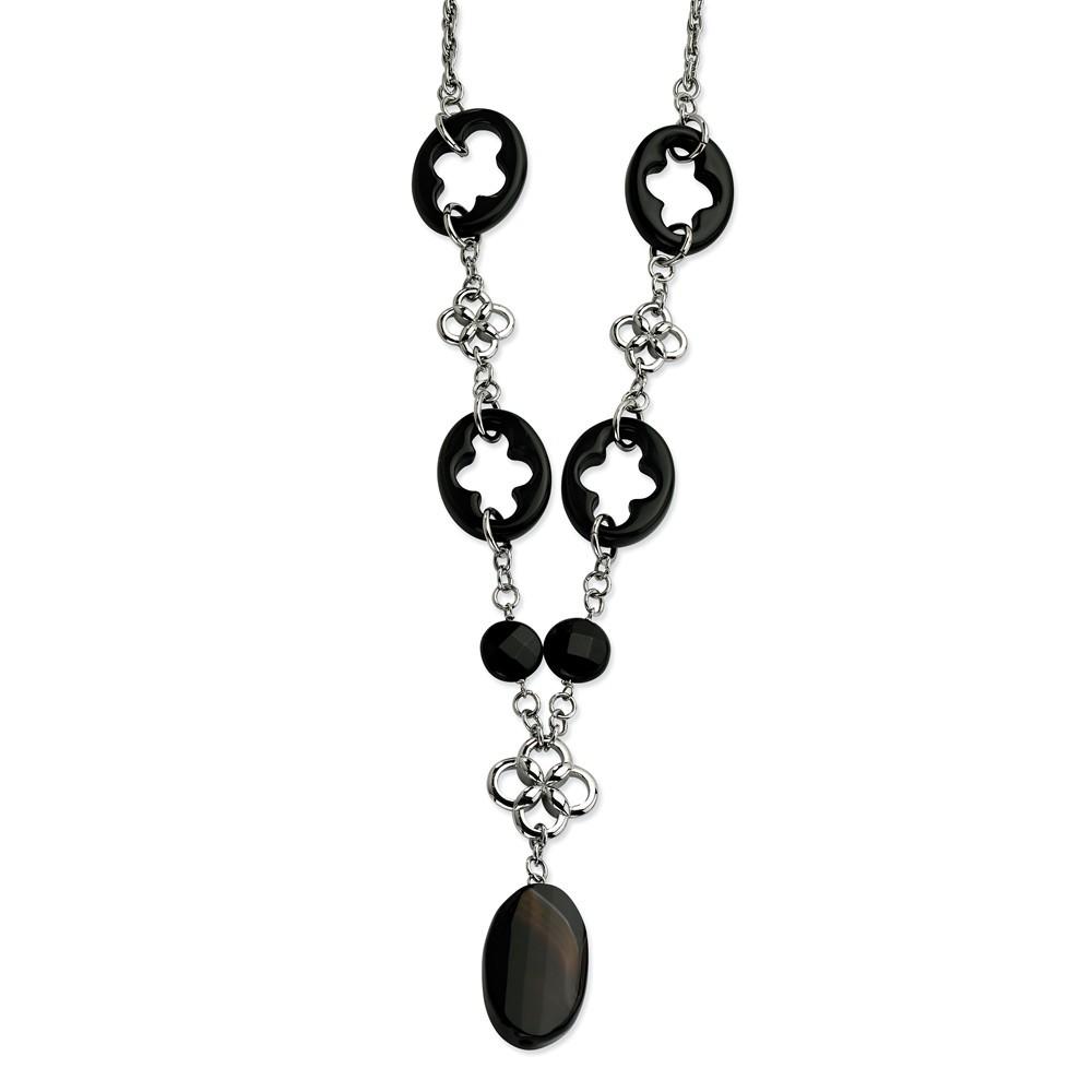 Jewelryweb Stainless Steel Black Agate and Flowers 22 With 2inch ext. Necklace - 22 Inch