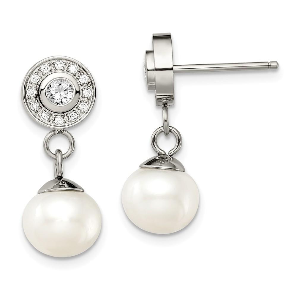 Jewelryweb Stainless Steel Polished Cubic Zirconia and Freshwater Cultured Pearl Dangle Earrings