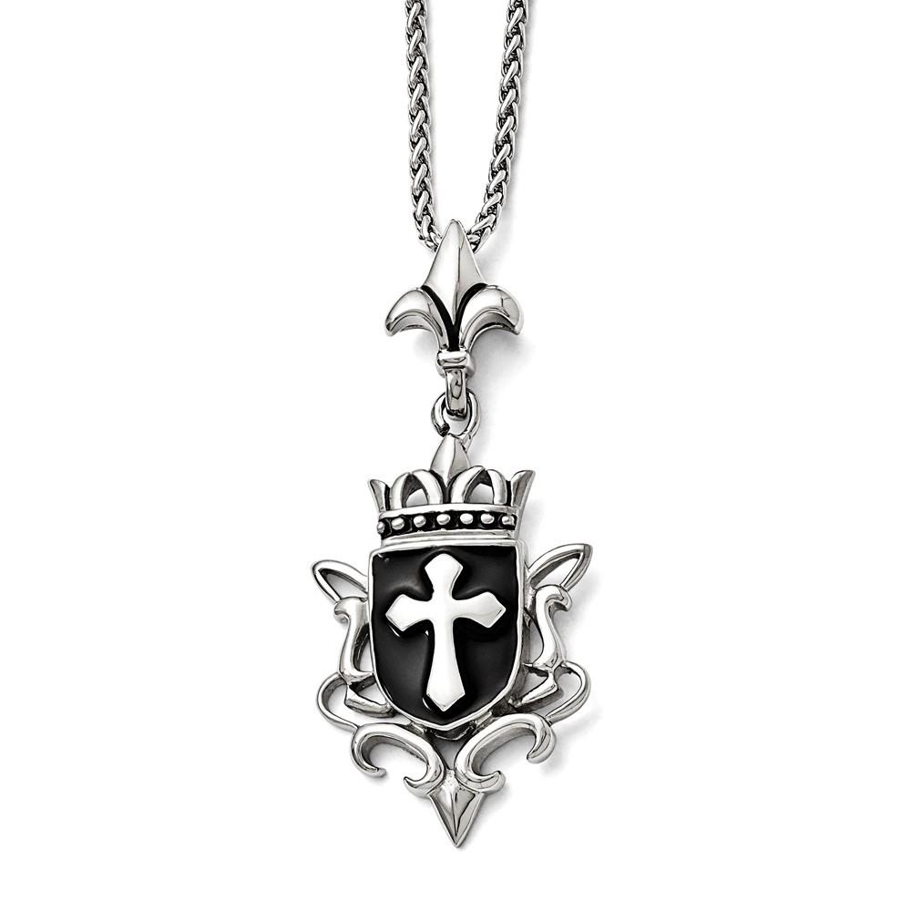 Jewelryweb Stainless Steel Antiqued and Enameled Cross Necklace - 22 Inch