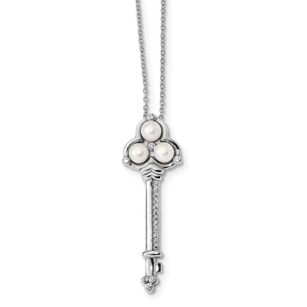 Jewelryweb Sterling Silver Rh 4-5mm White Button Fwc Pearl Cubic Zirconia Key Necklace - 17 Inch